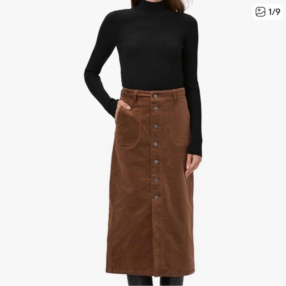 PAIGE Meadow Corduroy Midi Skirt Maple Brown Button Front Size 10